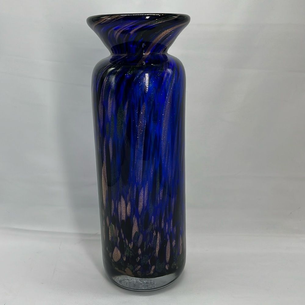 Large Heavy Handblown Cobalt Blue Glass Vase with Gold and Green Streaks